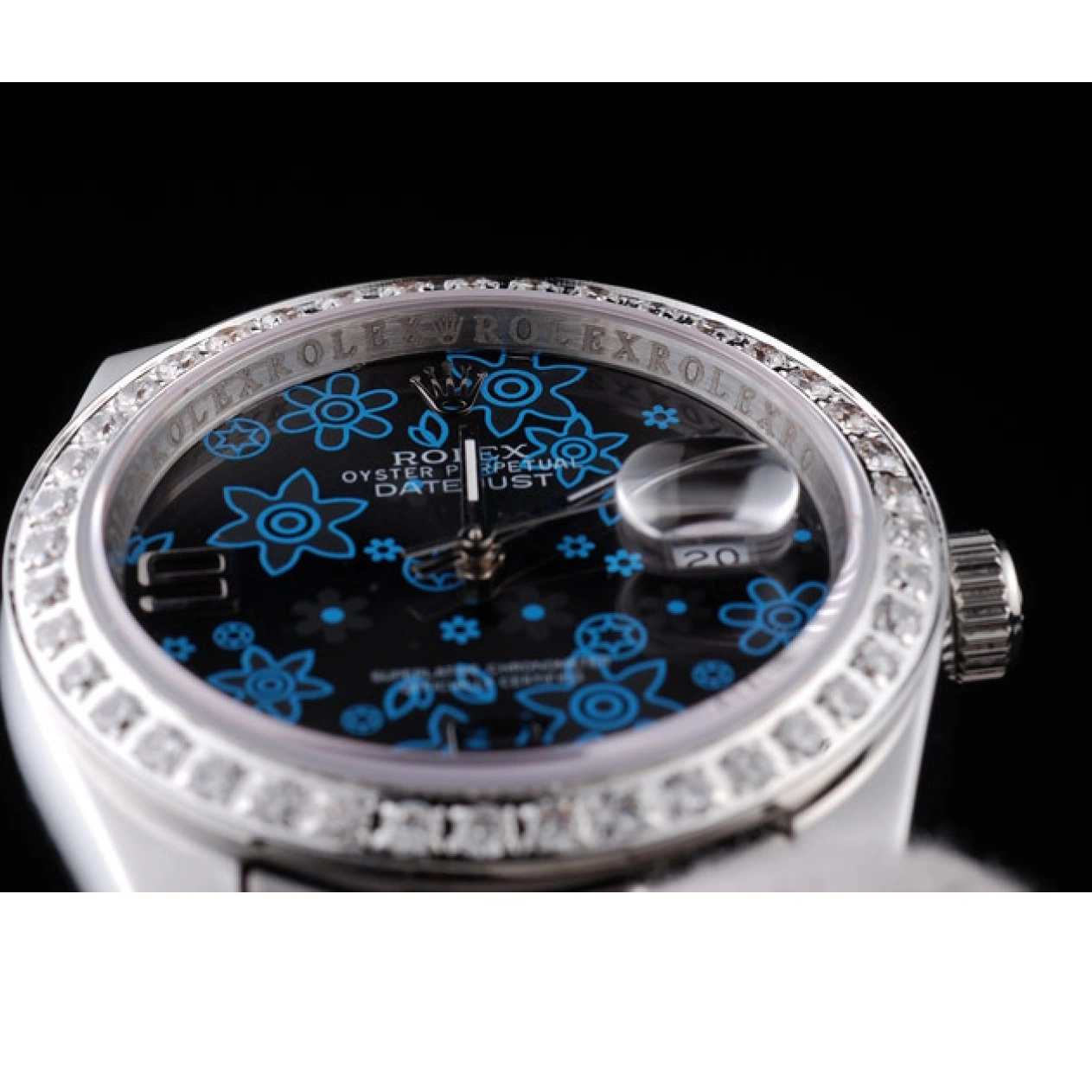 Rolex aaa copy Dark Rolex Polished Stainless Blue Dial Datejust Flowers Steel Diamond Plated 0731